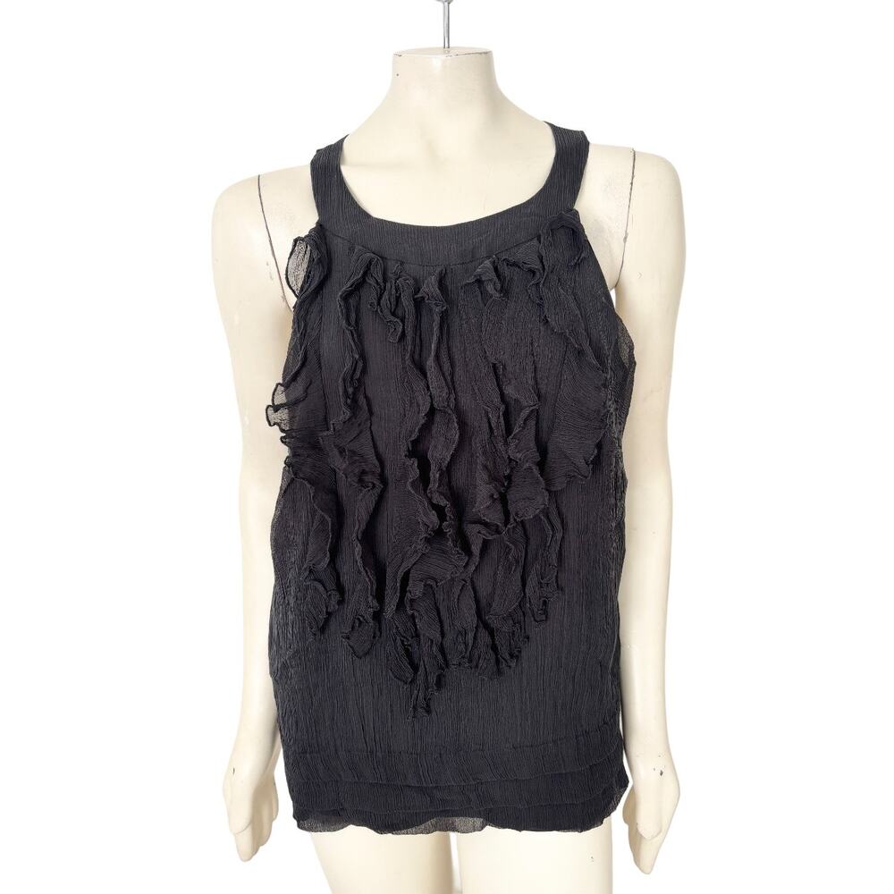 VTG ECI New York 100% Silk Cascade Ruffle Open Back Black Chiffon Blouse  SZ 16